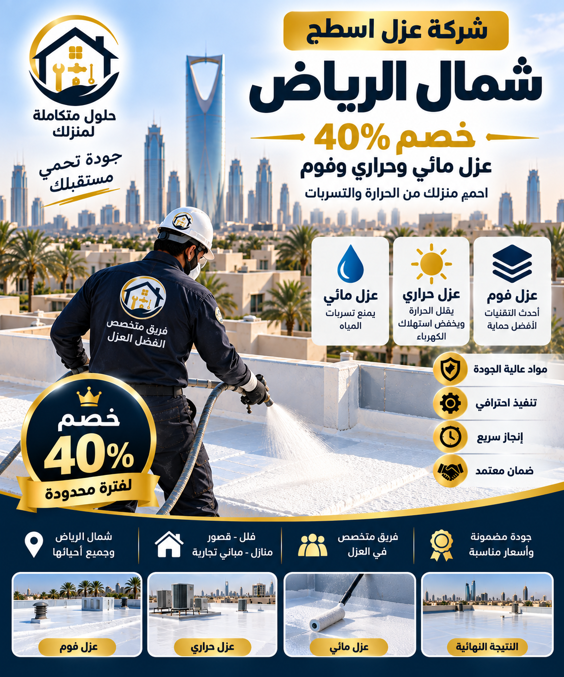 شركة عزل اسطح شمال الرياض خصم 40% | عزل مائي وحراري وفوم